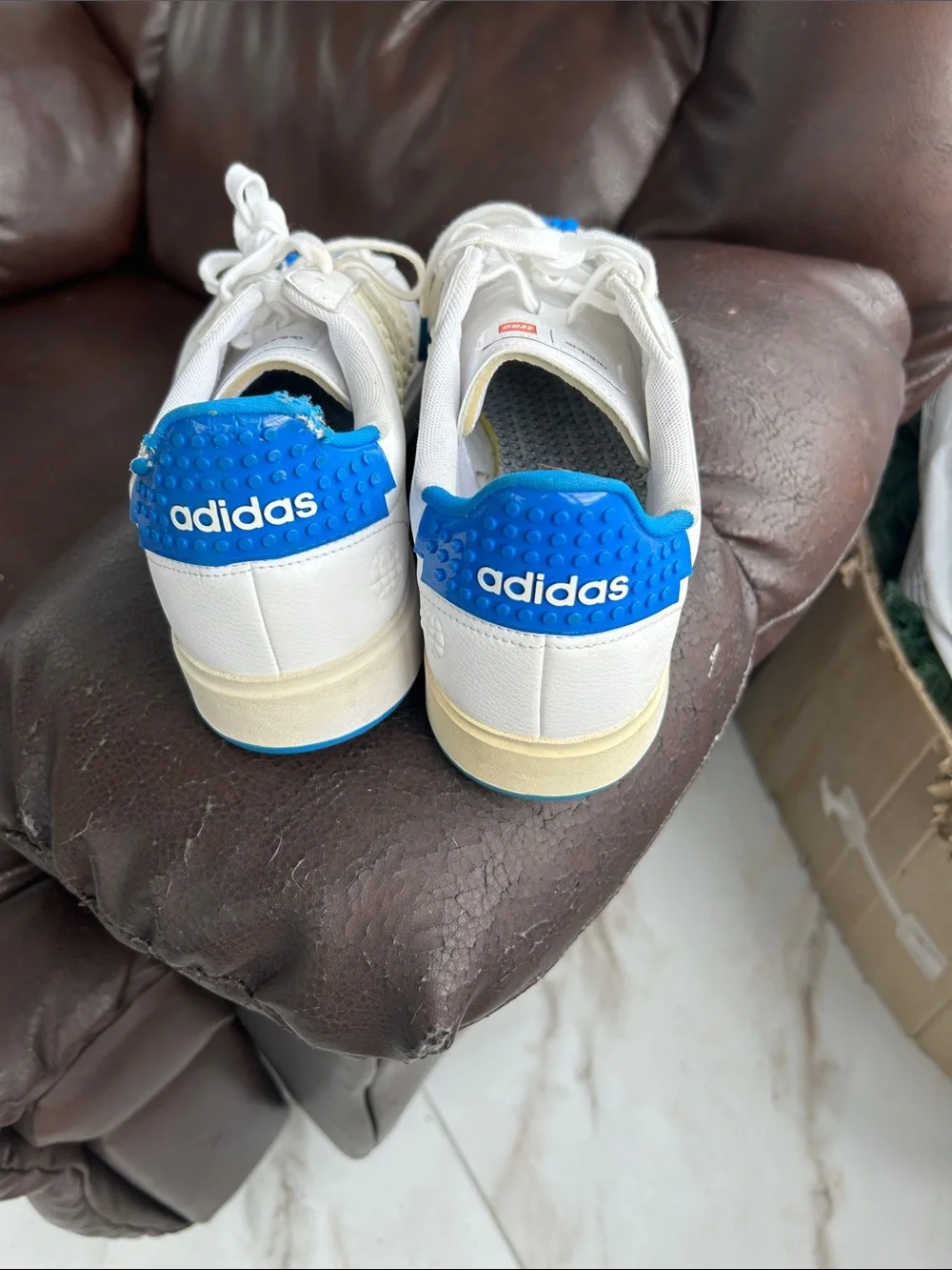 ADIDAS Men’s White Sneakers with Bright Blue LEGOS….. LEGO WORLD!!!!